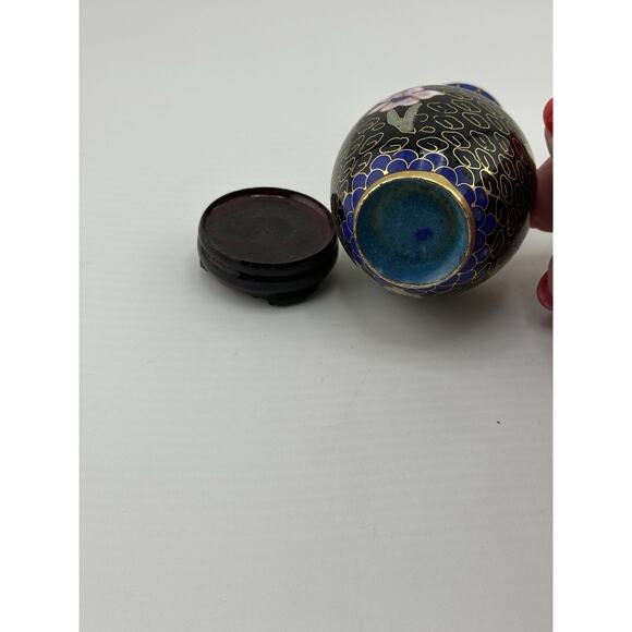 Vintage Mini Chinese Enameled Cloisonne Vase w/ Stand 3 inch Black Pink Lotus - Picture 5 of 7
